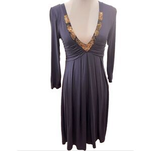Velvet by Graham & Spencer Navy Beaded V-Neck Empire Waist Midi Dress S NWT USA